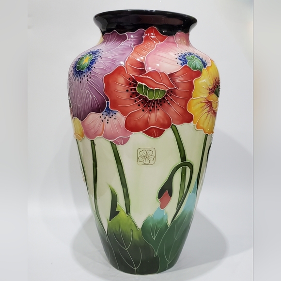 11 3/4" Bold Cloisonné Styl Asian Poppies Dramic Black + Floral Ceramic Art Vase - Picture 11 of 15